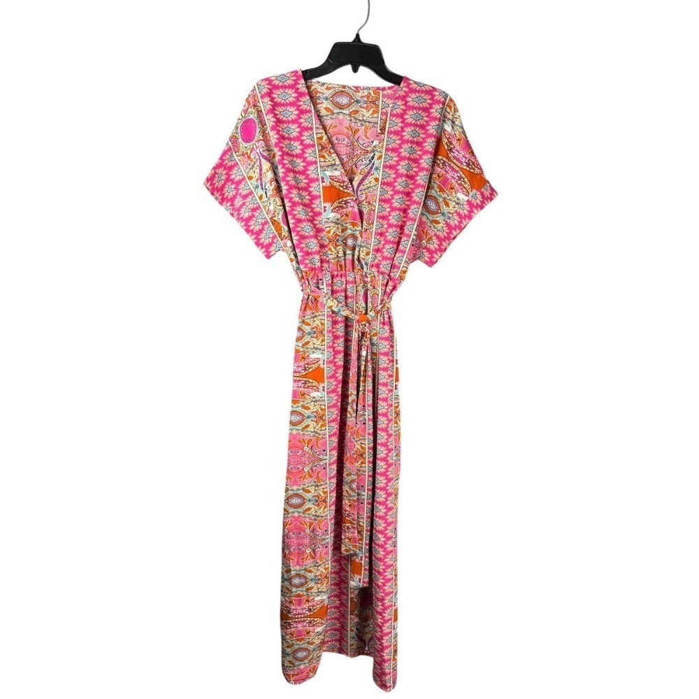 Cupshe Tiered Maxi Dress Large Pink V-Neck Elastic Waist Side Slits NWT Boho - Picture 2 of 9